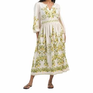 New MAX STUDIO London Lemon Fruit Citrus Linen balloon sleeve midi dress